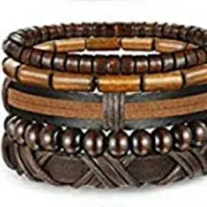 5 bracelets cuir et bois bi colore